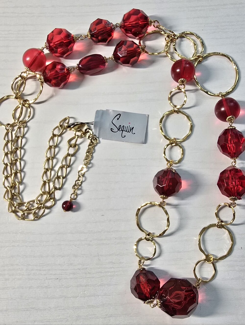 Sequin - Red Beaded Gold-Link Long Necklace